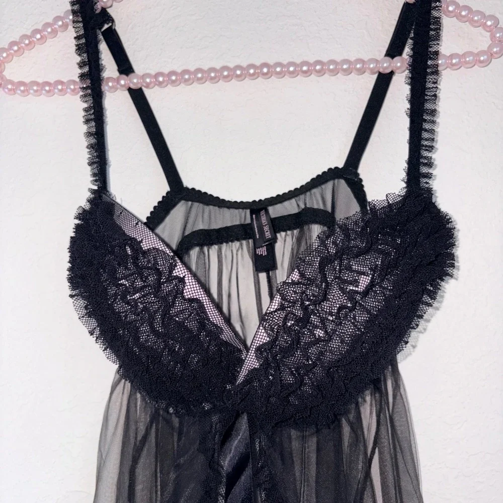 Victoria's Secret Babydoll Lingerie 34D Black Excellent Mesh Lace Ruffle Trim